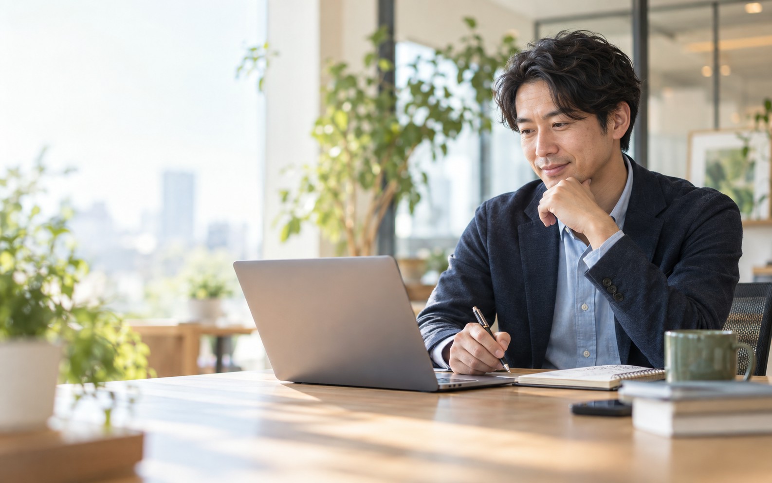窓辺でノートとパソコンを開き、これからの仕事を考える人のイメージ